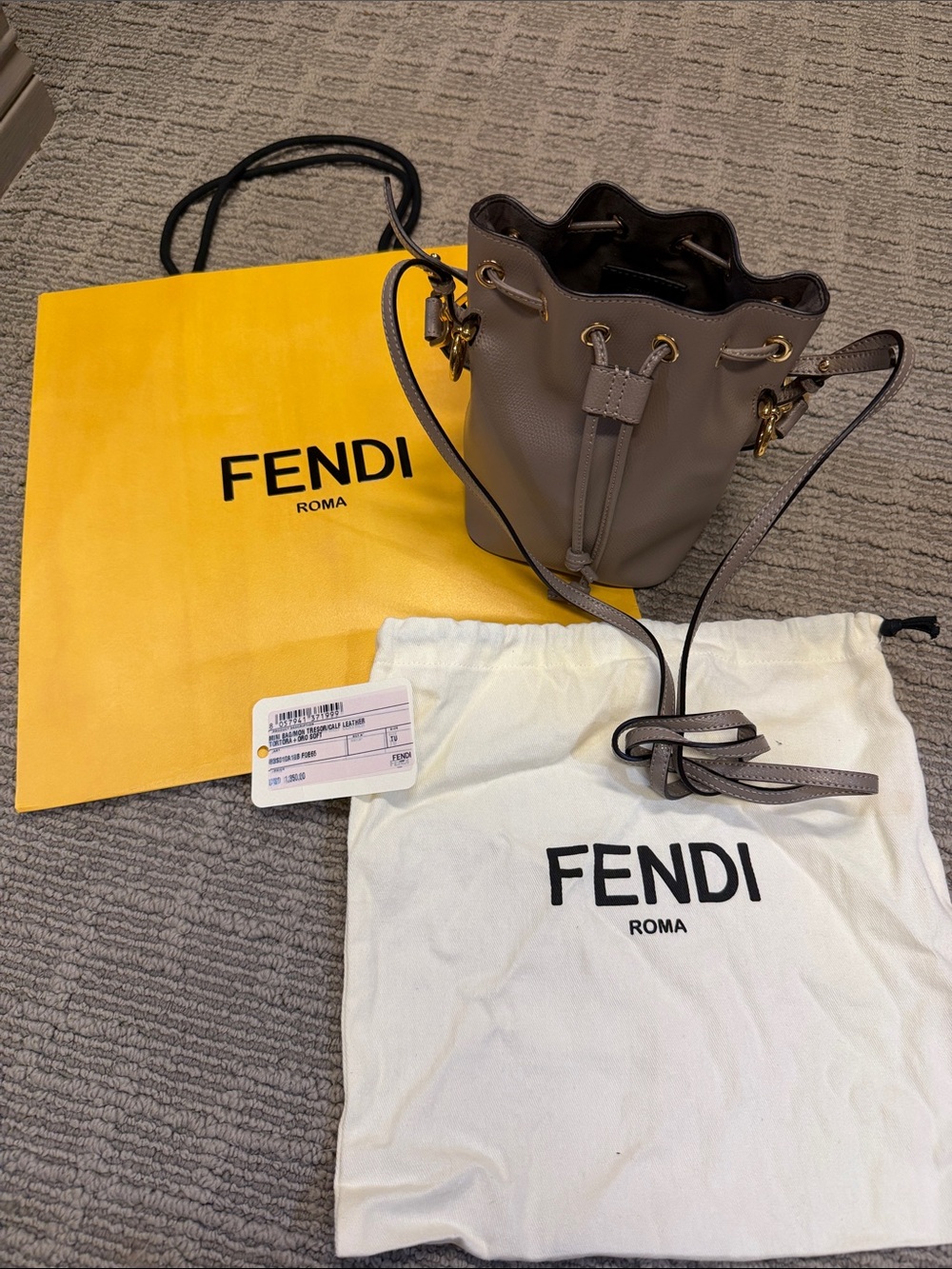 Fendi Taupe Gray Leather Mini Drawstring Bucket Bag with Gold Hardware